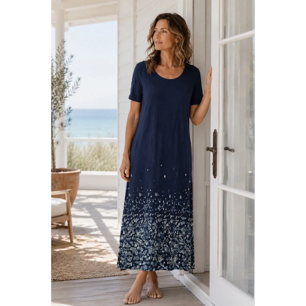 NEW J. Jill Navy Blue Floral Midi T-Shirt Dress‎ PURE JILL WOMEN SMALL PETITE